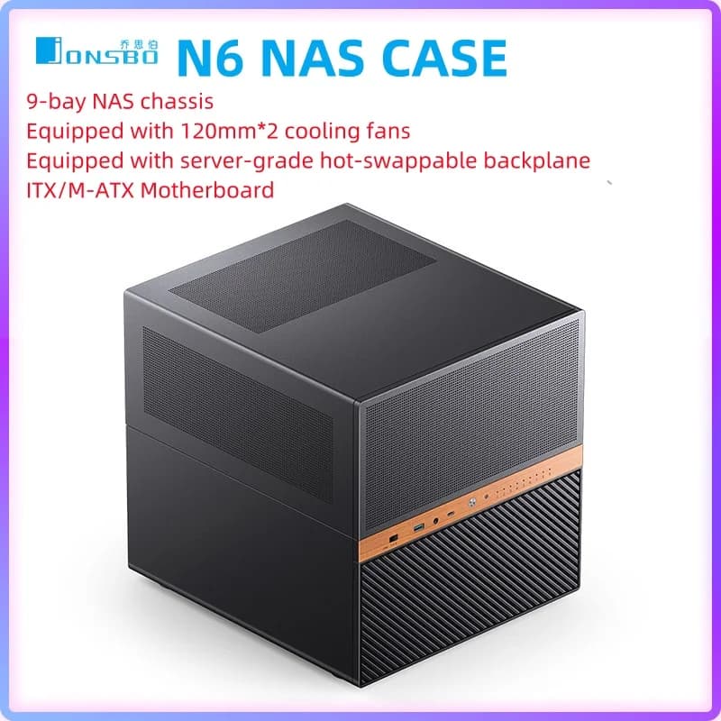 Case NAS JONSBO N6 con 9 alloggiamenti hot-swappable, supporta schede madri ITX e M-ATX, raffreddamento a liquido da 240 mm, adatto per l'archiviazione dati domestica.