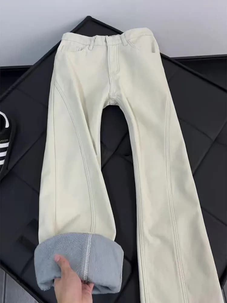 Jeans da uomo American High Street con taglio obliquo e tessuto spesso, pantaloni casual a zampa d'elefante, stile workwear, per la primavera, di tendenza giovanile, a gamba dritta