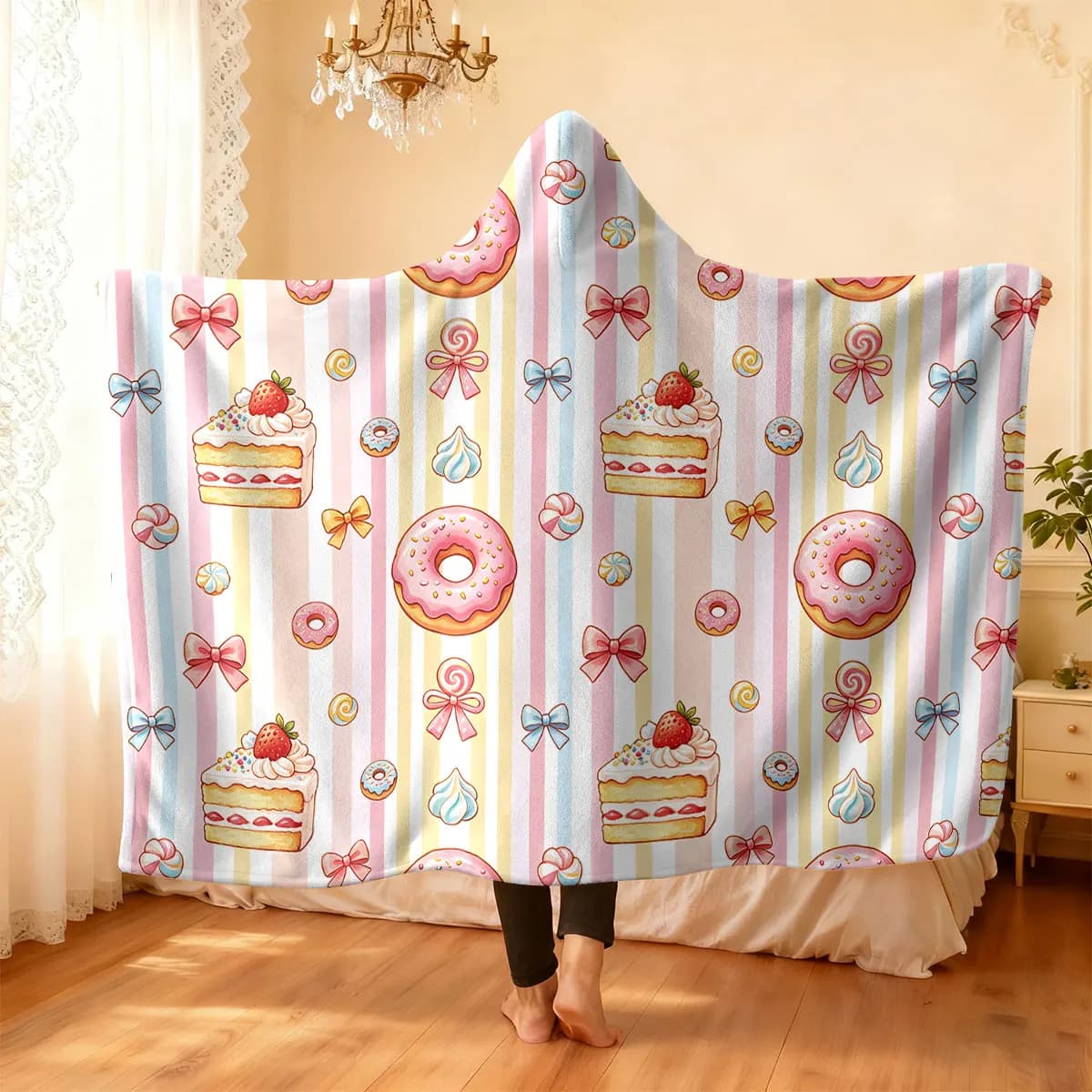 1pc pink donut Printed Flannel Hoodie Wearable Cloak Blanket Soft Warm Multi Size Casual Blanket Machine Washable