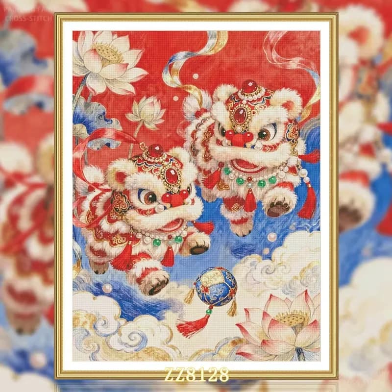 ZZ8128- Lion Dances 14CT 16CT 18CT Stamped Canvas Cross Stitch DIY Set Needlework Embroidery 140 Colors