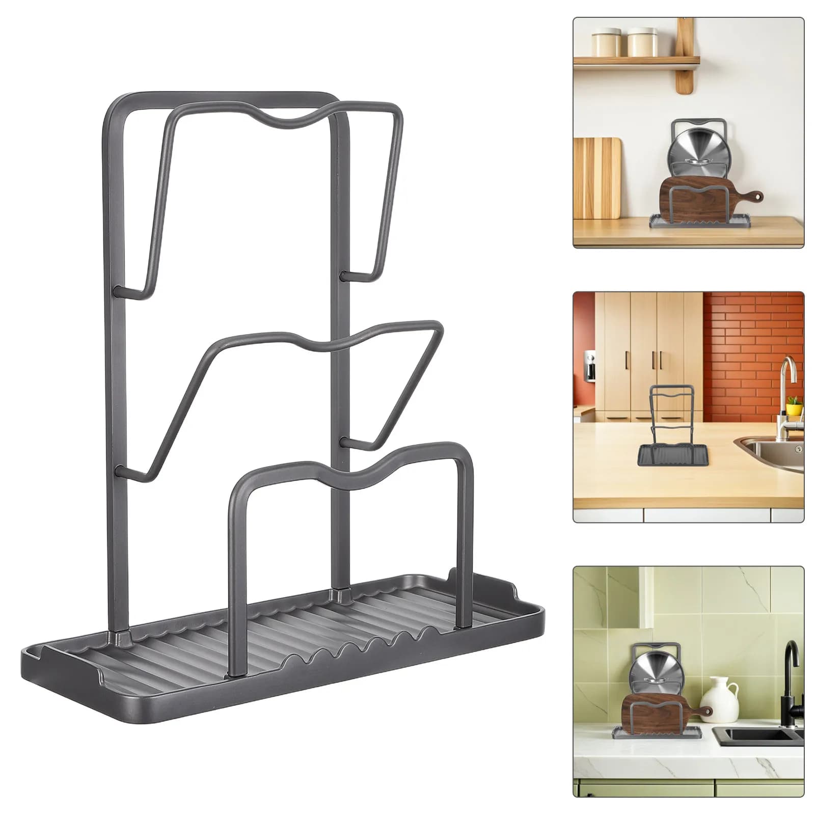 3-Tier Pot Lid Organizer Rack for Counter with Tray Kitchen Lid Storage Rack Cutting Board Holder Stable Space Saving Modern