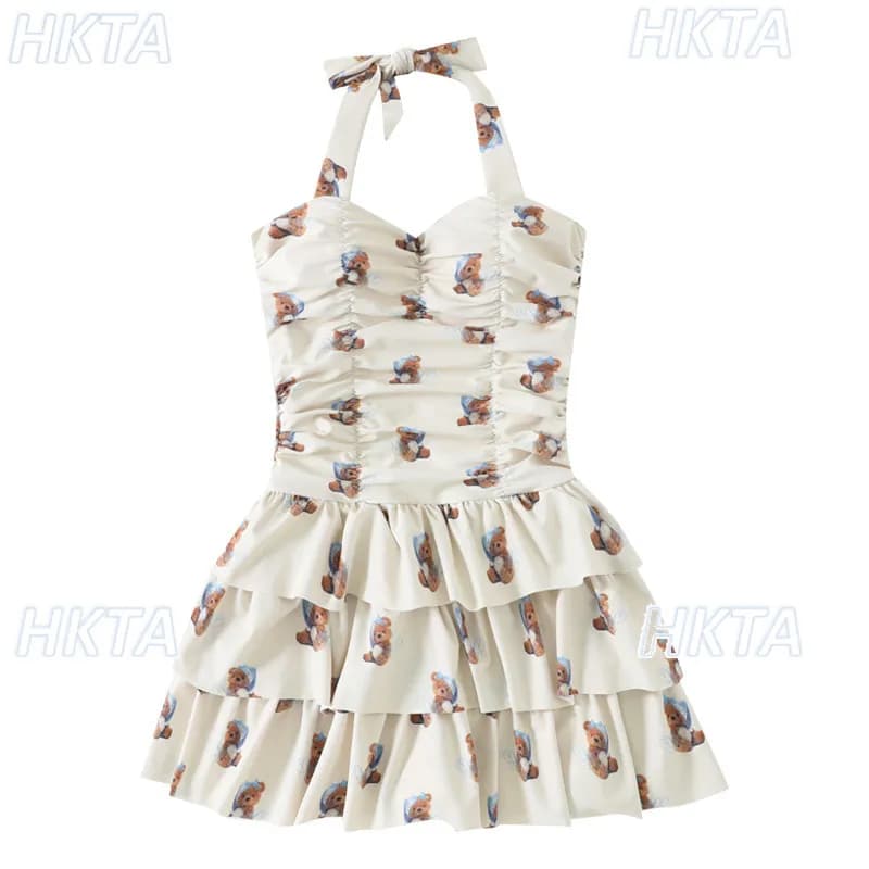 Costume da bagno intero con stampa cartone animato giapponese, stile Lolita, con scollo all'americana e design a cascata, ideale per l'estate e le vacanze al mare, da donna.