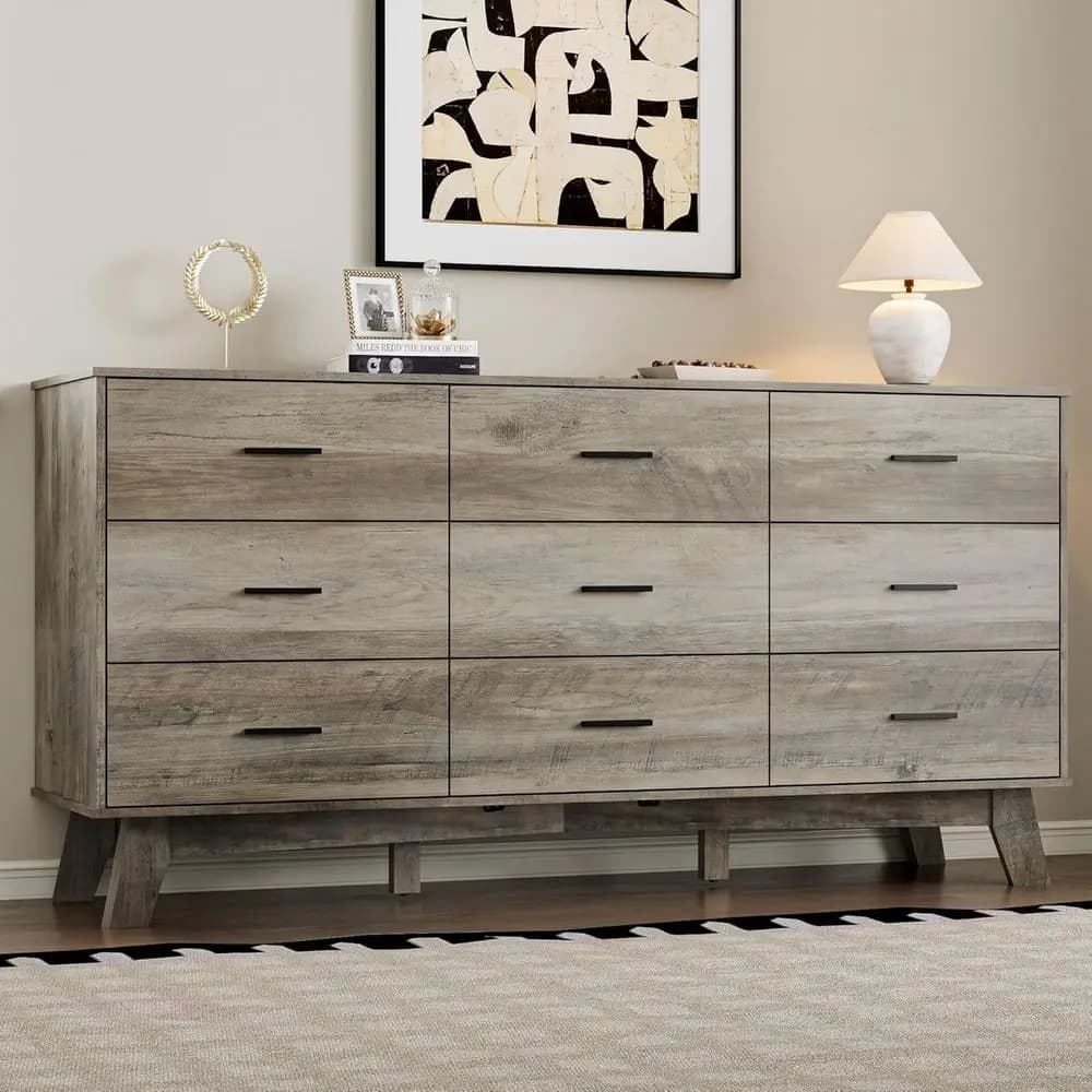 Cassettiera Larga a 9 Cassetti con Maniglie in Metallo, Base a X e Gambe Regolabili, Organizer Anti-Ribaltamento per Camera da Letto