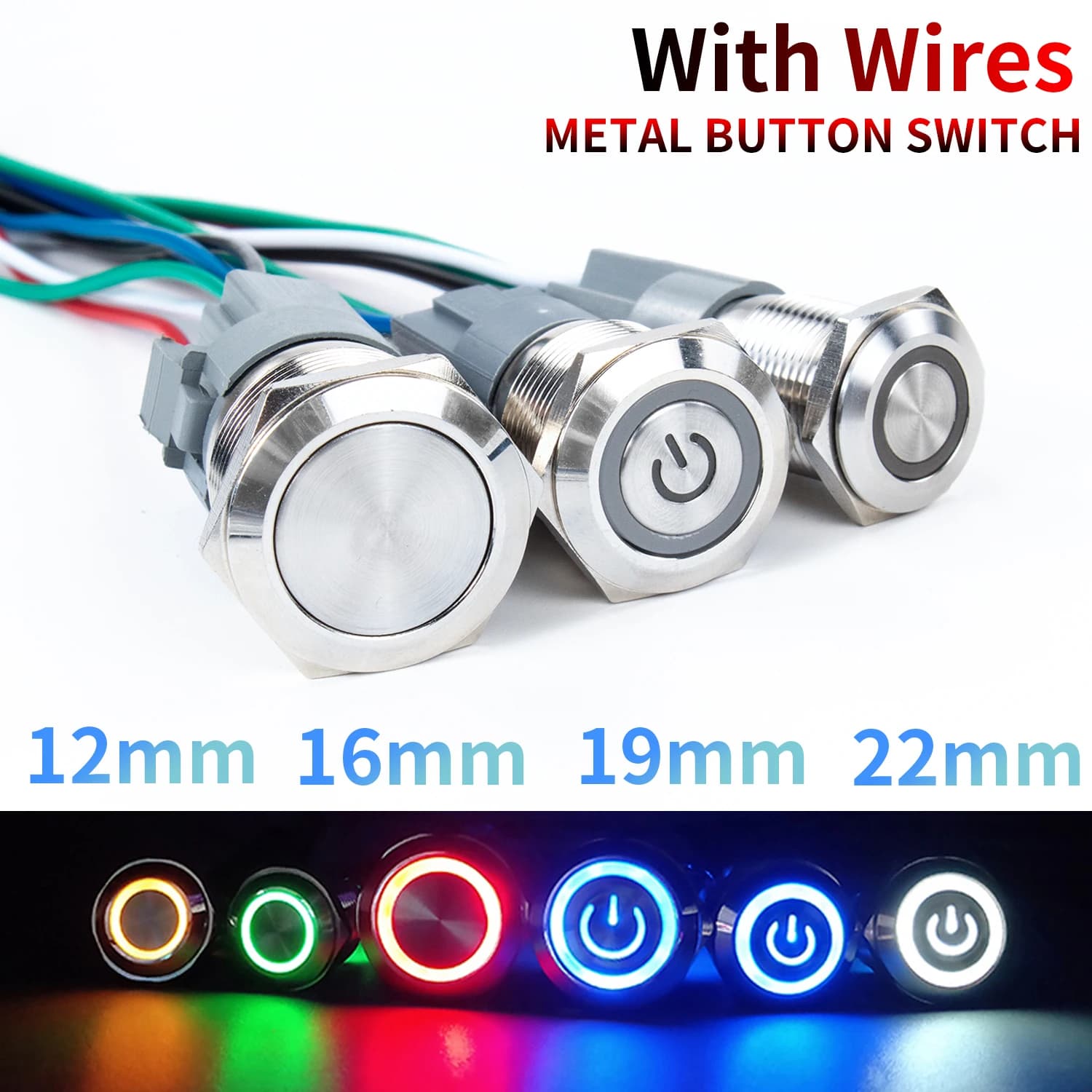 16 19 22mm con filo interruttore a pulsante in metallo impermeabile anello LED/luce di alimentazione chiusura momentanea 5/12/24/220V silver1NO1NC