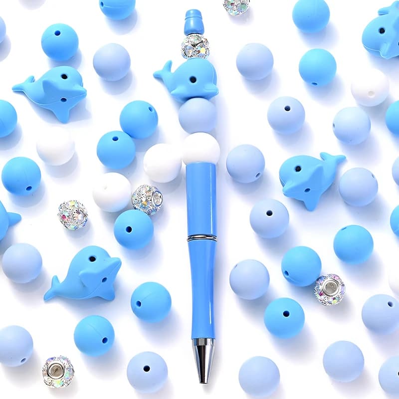 52Pcs Silicone Bead Set Dolphin Shaped Round Rhinestone Bead for Jewelry Bracelet Keychain Accessories Focal Beads Making