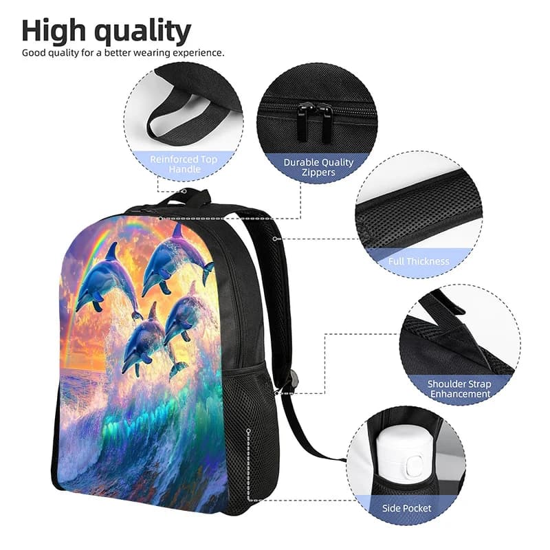 Vitality Dolphin Jumping backpack - Light backpack for everyday use with adjustable shoulder strap and zip closure - Blue, Green