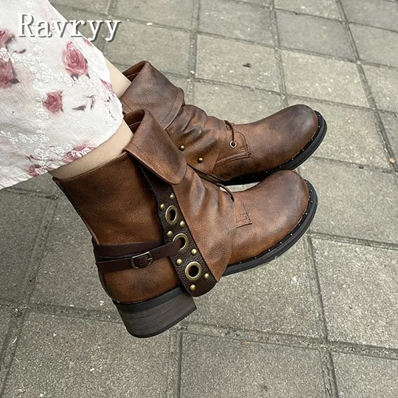 Women Retro Metal Belt Buckle Side Zipper Short Boots Slouchy Fold Over Cuff Thick Heel Booties for Casual Outdoor Daily Wear