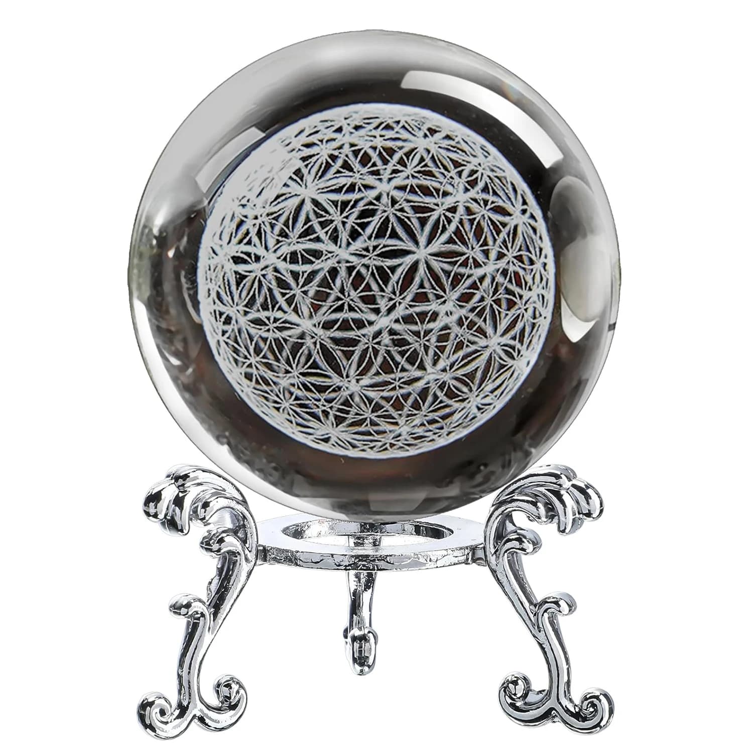 3D Engraved Laser Life Flower Crystal Ball Stops Chakra Energy Healing Grid Flower Globe for Spiritual Decoration Fengshui