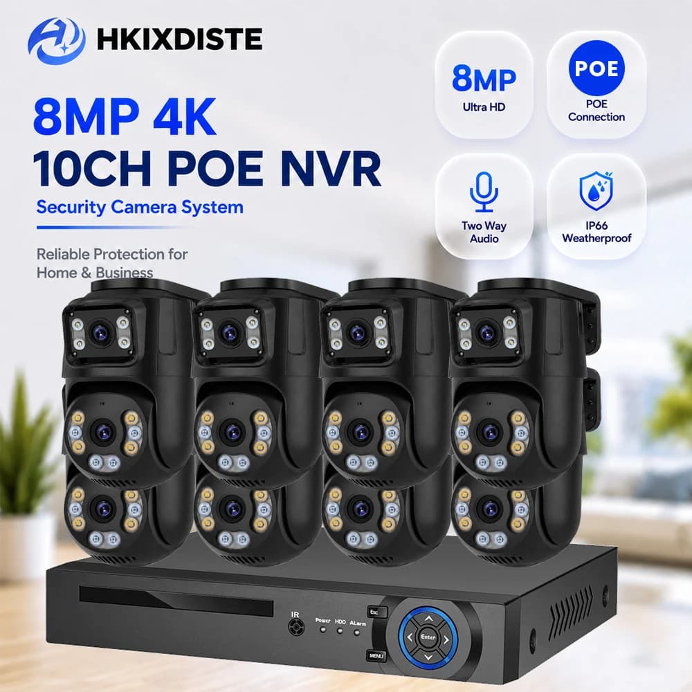 Dual Lens Dual Screen 8MP 4K 10CH PoE NVR Camera Kit PTZ Cameras Human Detection Two Way Talk IP66 Outdoor CCTV Security System