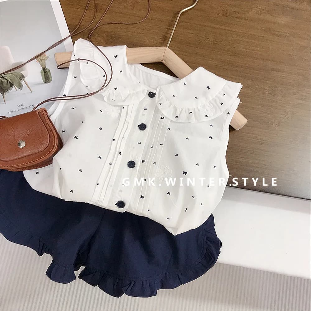 Set estivo per bambine coreane, nuovo stile, bellissimo ed elegante per le piccole bambine, camicia da bambola, set due pezzi con pantaloncini per neonate