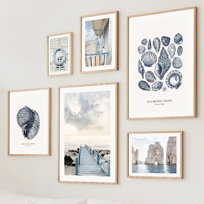 (no frame)Beach Hut Wall Art Bridge Reed Starfish Conch Coral Sea Canvas Painting Poster Print Wall Picture Living Room Decor