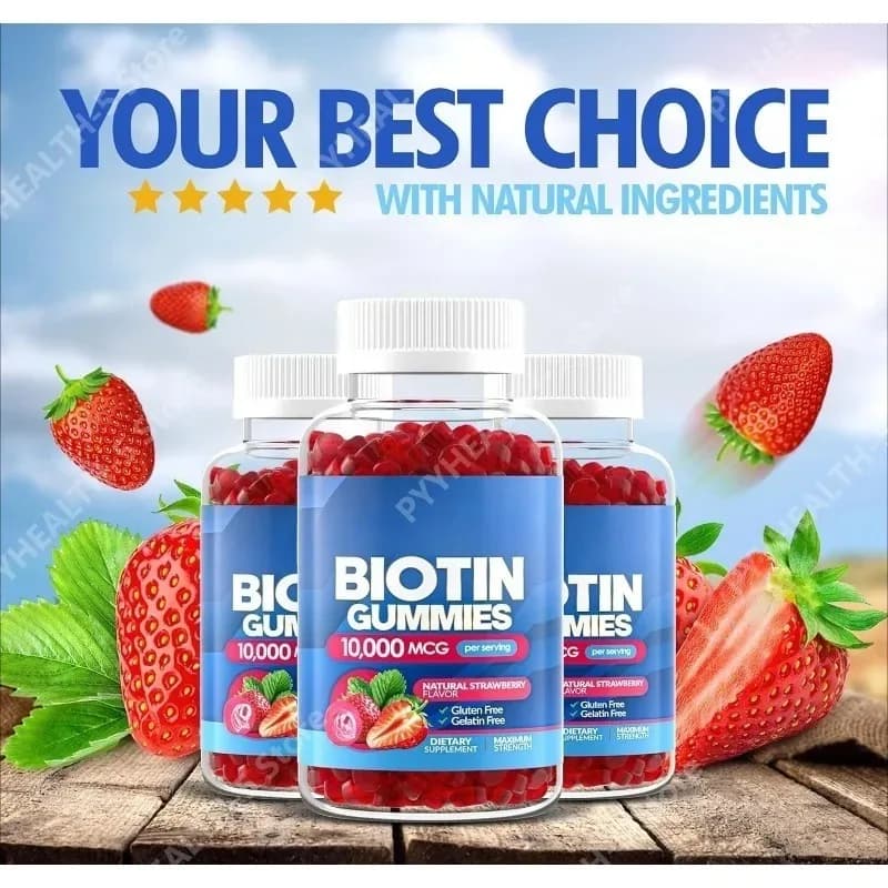 Gomme alla biotina per la crescita dei capelli, pelle e unghie, vitamine alla biotina per donne e uomini, gomme dal gusto delizioso al gusto fragola