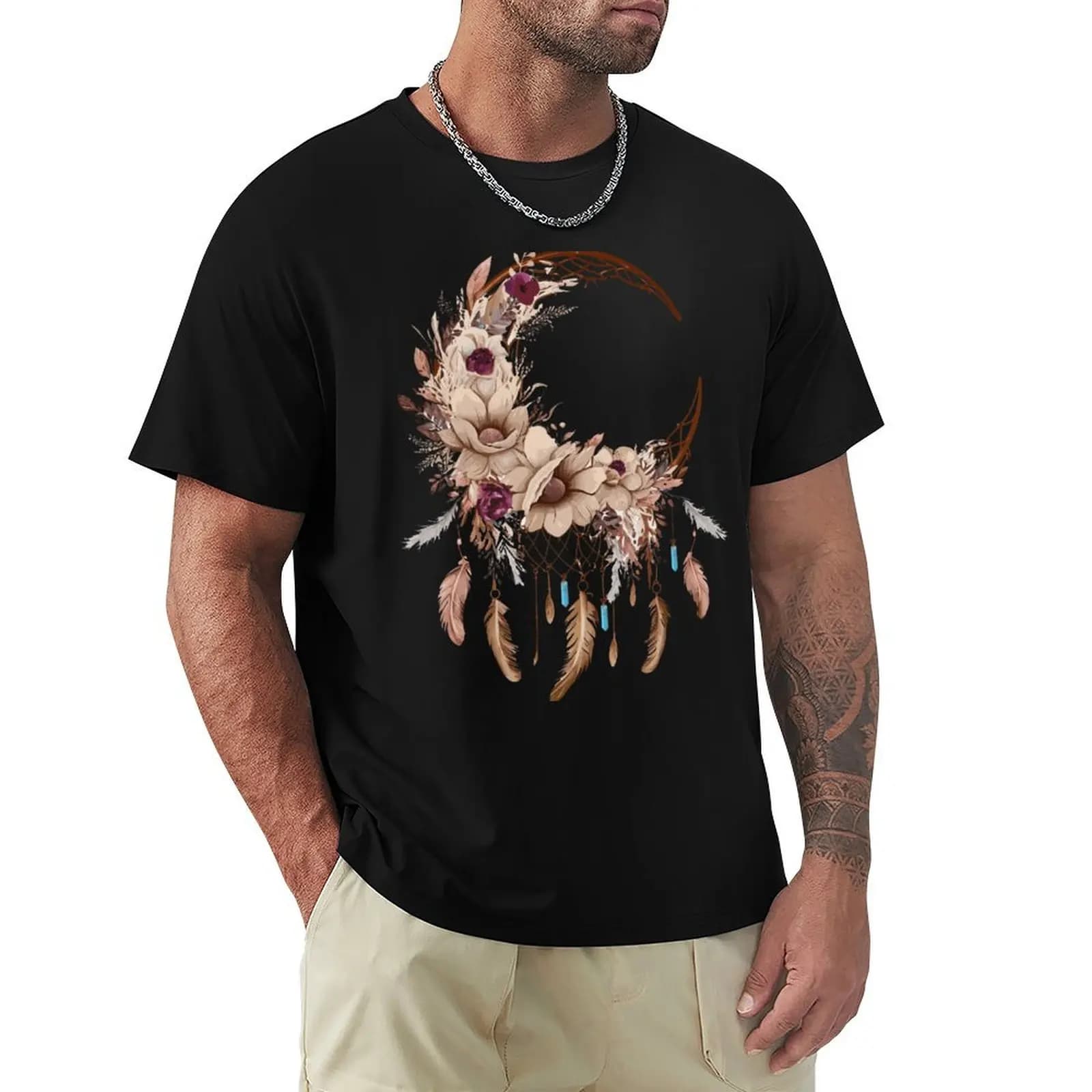 Floral moon Dreamcatcher T-Shirt Casual Simple Design Short Sleeve Shirt