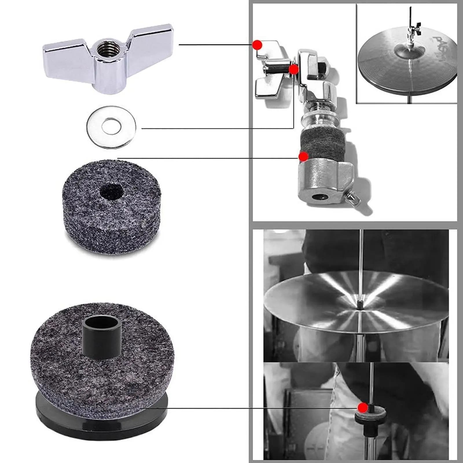 Set di Accessori di Ricambio per Batteria: Feltrini, Manicotti, Dadi e Rondelle per Supporti Piatti per Percussioni