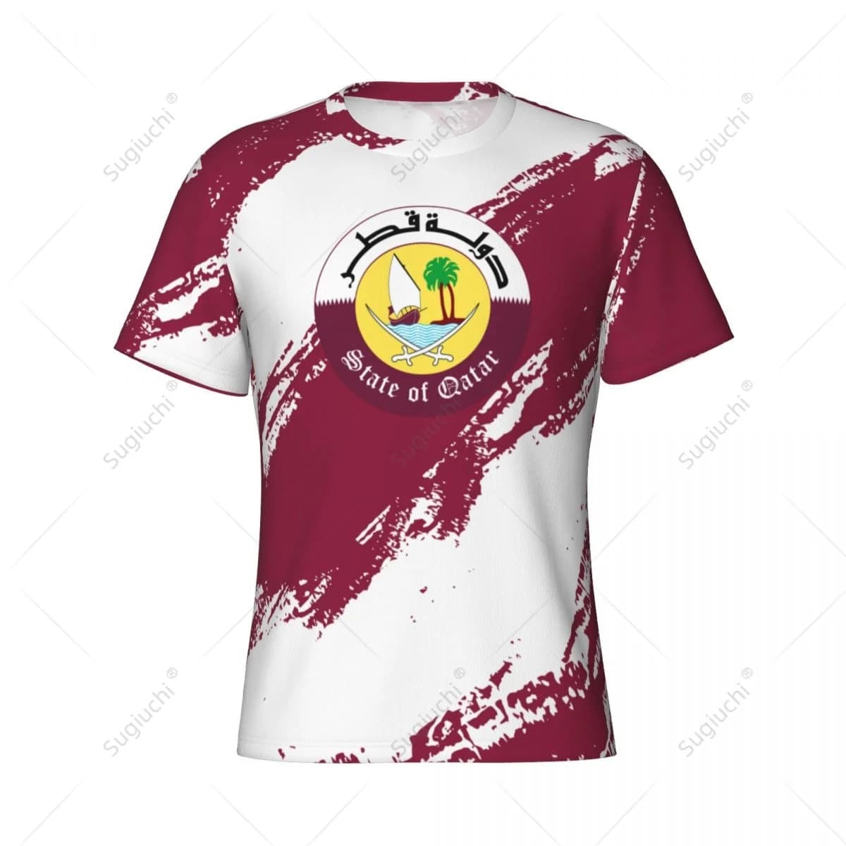 Men's and women's sport T-shirt with custom name and Qatar flag colors for football fans