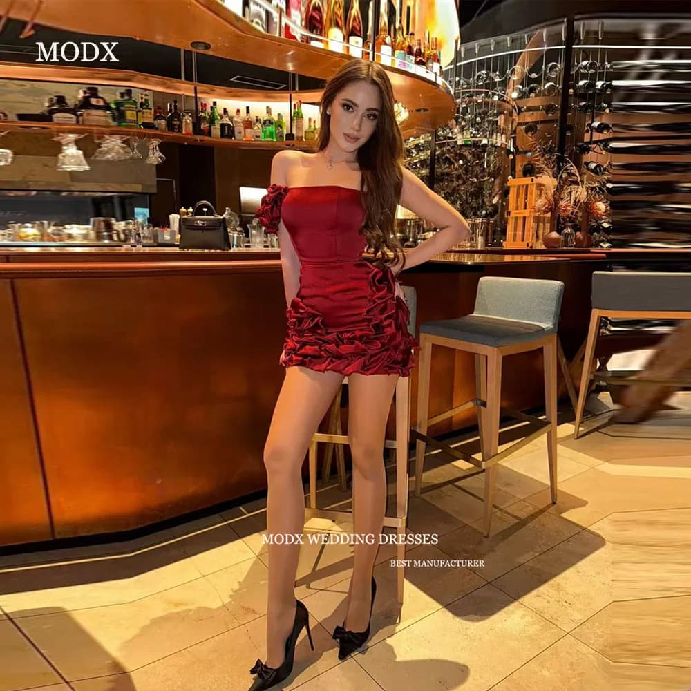MODX Mini abiti da festa corti rosso scuro con volant Abito da cocktail estivo monospalla Abiti da compleanno formali personalizzati
