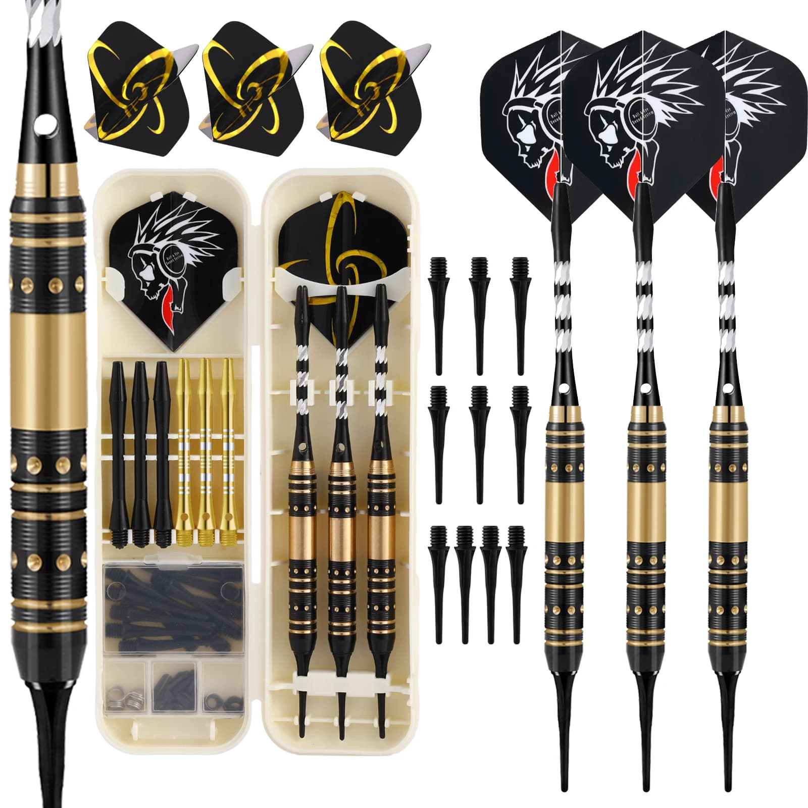 Set di freccette in rame da 20 g, include una scatola di immagazzinaggio per freccette, con tre aste in alluminio extra, volti in plastica nera, punte per freccette di sicurezza e altri accessori per freccette