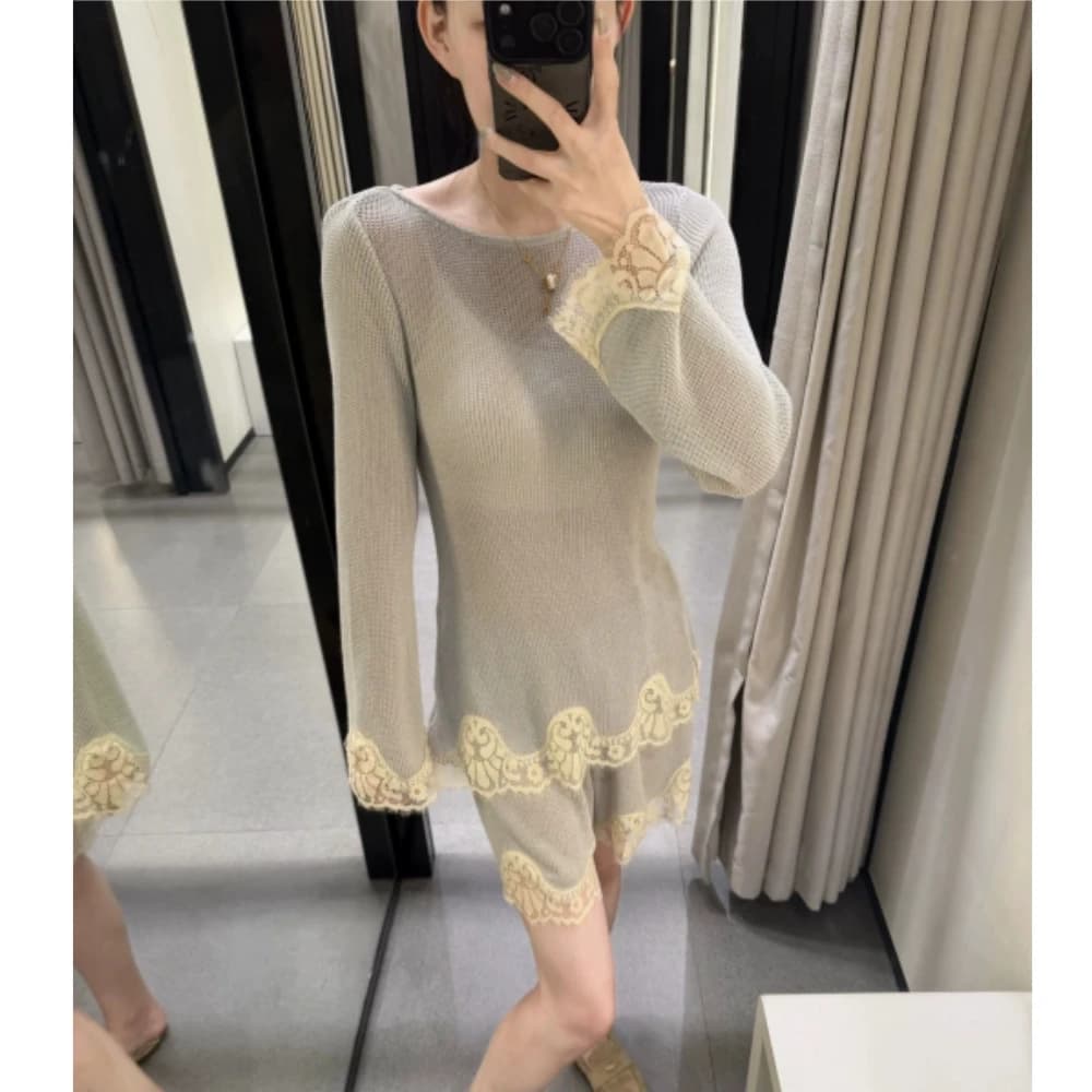 Quality Knitted Lace Hollow out Shorts And Top Set Casual Loose Fit Long Sleeve round Neck Striped Pattern Two Piece Suit