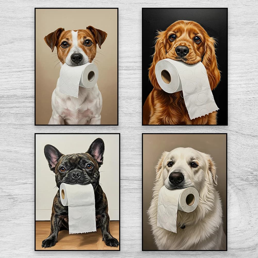 Funny Animal Dog Bathroom Wall Art Poster English Cocker Spaniel with Toilet Paper Roll Prints Canvas Painting Toilet Decor