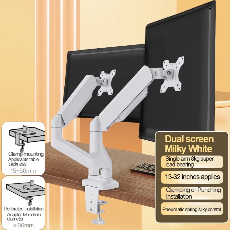 VESA 100x100 mm height adjustable monitor support Double monitor up to 32 inches and 19,8 pounds per screen Desk support with mechanical arm