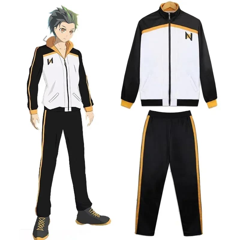 Anime Subaru Natsuki Cosplay Costume Campus Uniform Black White Tracksuit Jacket Pants Suit in stock
