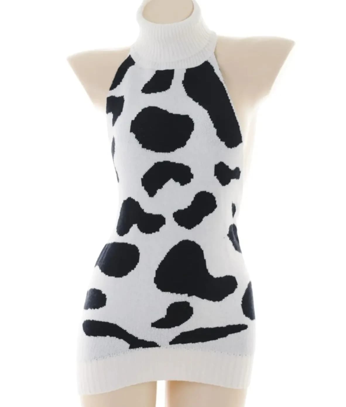 New Sexy Lingerie for Women Sexy Cow Print Large Size Hip-hugging Backless Cow Print Camisole High-neck Sweater Knitted Dress