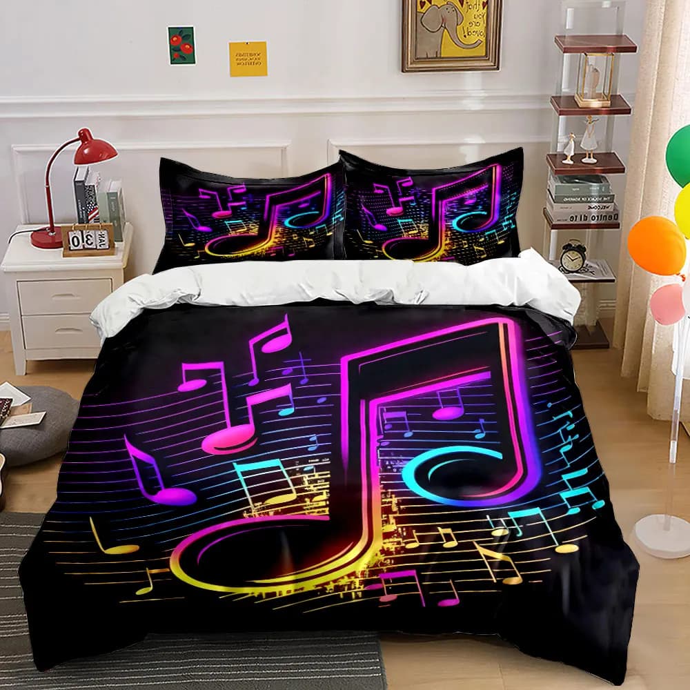 Colorful Notes with Melodic Background Print Bedding Set 1 Duvet Cover 2 Pillowcases for Adult and Children Luxury Gift