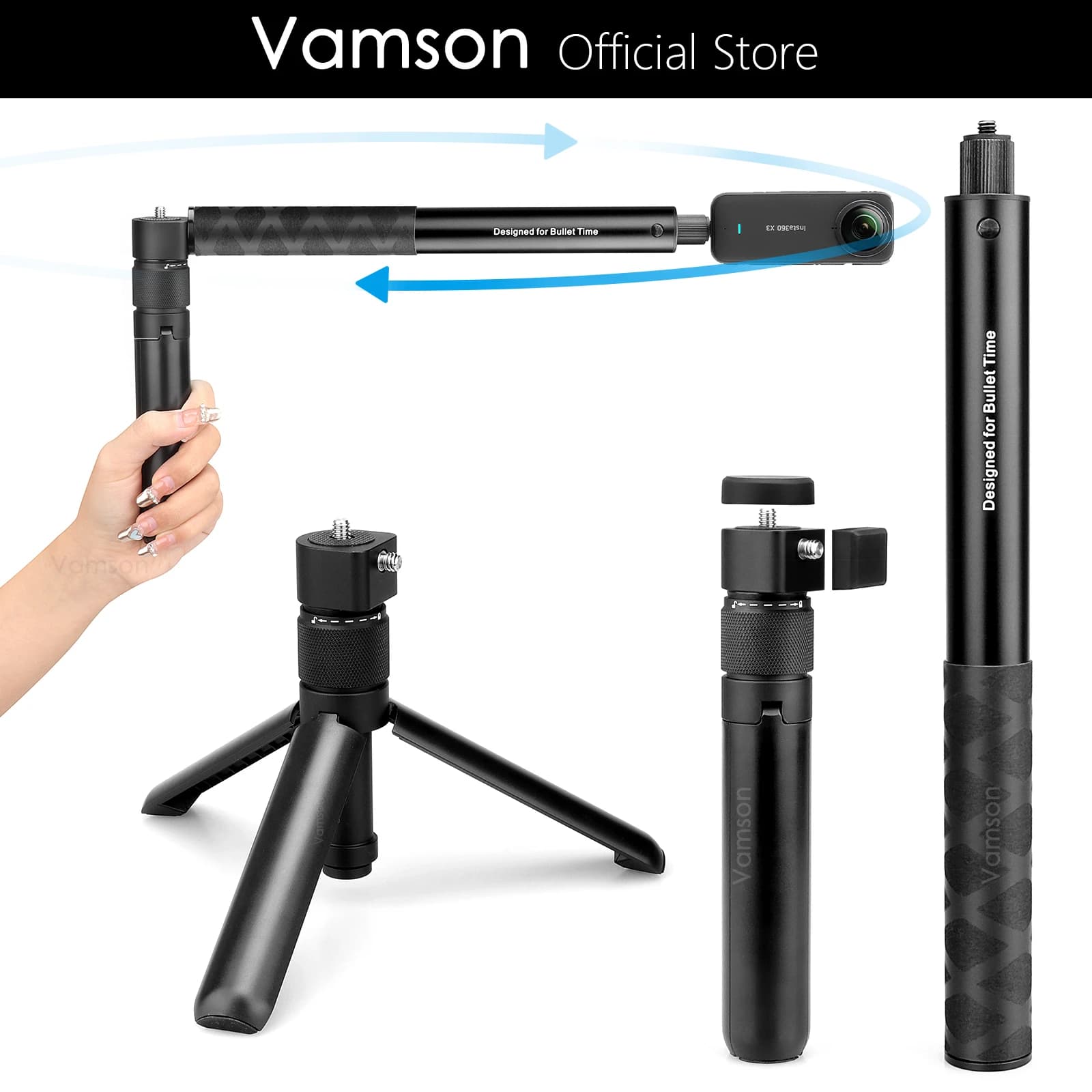 Vamson Selfie Stick invisibile per Insta360 X3 treppiede palmare rotante Bullet Time per Insta 360 ONE X2 ONE RS GoPro accessori
