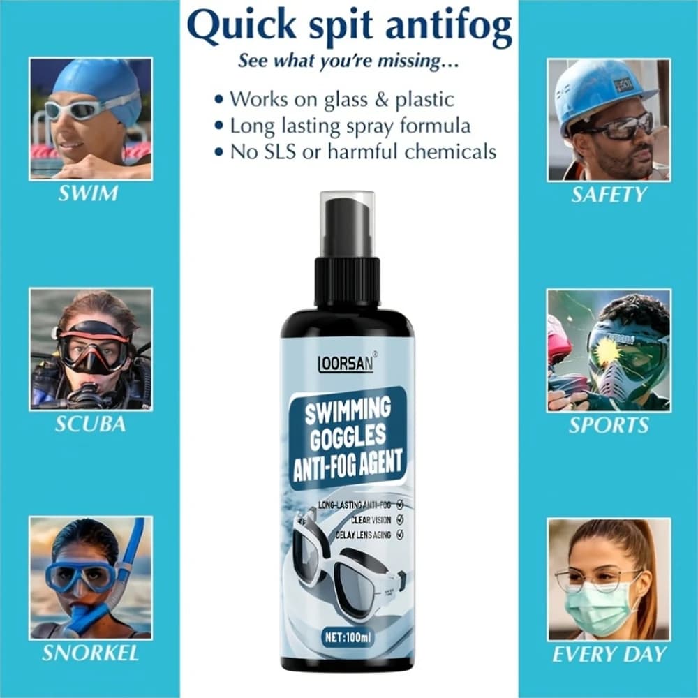 LOORS Anti-fog spray for swimming glasses and glasses: clear vision, prevents filing, safe for contact lenses, ideal for swimming