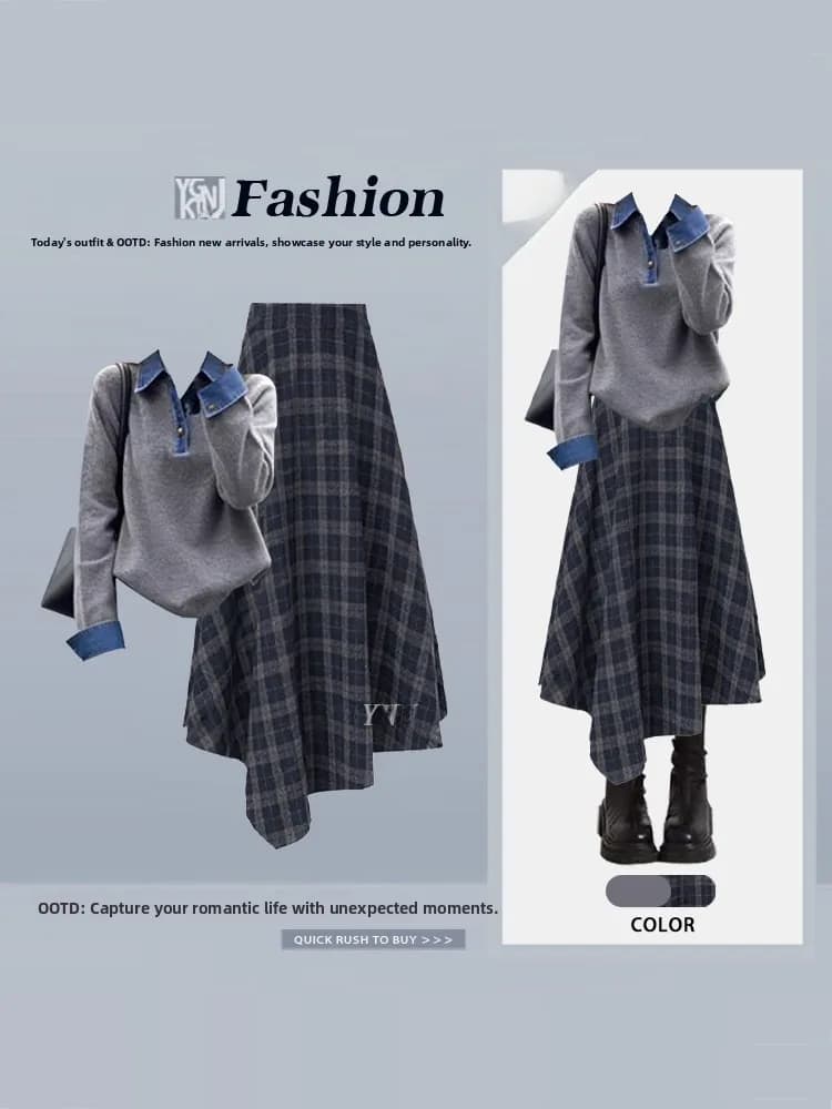 Completo Donna Stile Coreano: T-Shirt Larga in Denim con Patchwork e Gonna a Quadri, Set Due Pezzi Moda Primavera-Estate
