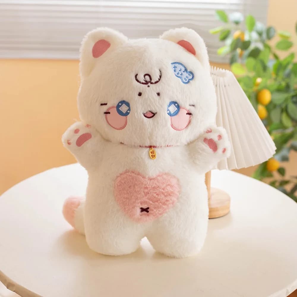 Cuscino Gatto Bianco Carino che Saluta, 38cm, Decorazione Casa a Forma di Gatto Nero Cartone Animato, per Attirare la Ricchezza