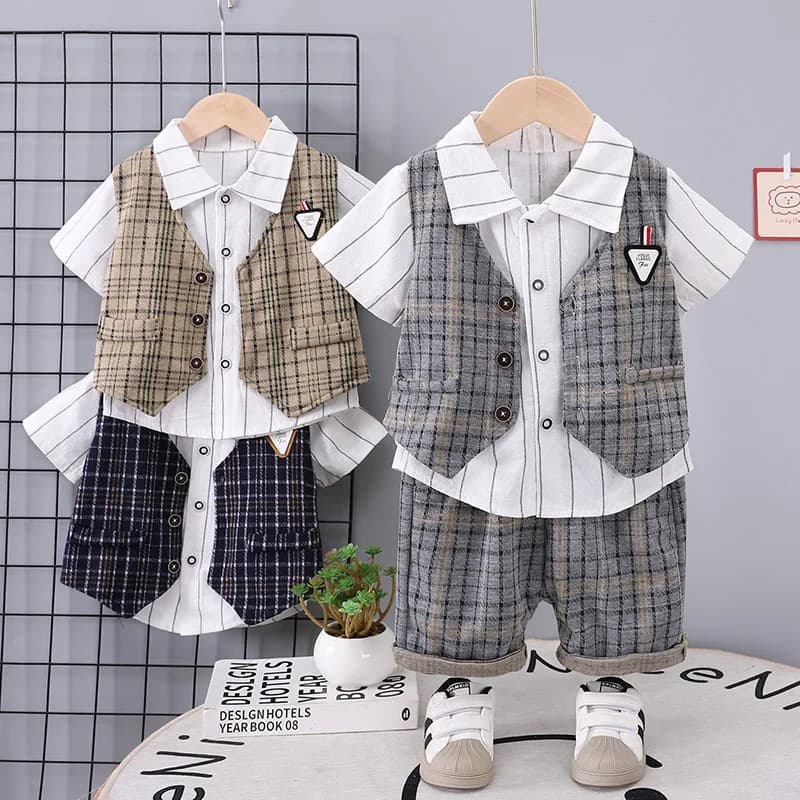 Nuovo Completo Estivo per Bambini, Set 3 Pezzi con Gilet a Quadri, Camicia e Pantaloncini, Costume Casual alla Moda per Neonati