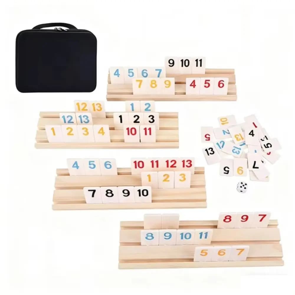 106 pezzi giochi classici gioco Rummikub in legno 106 piastrelle custodia portatile gioco cubo rummy set da viaggio dadi genitore-figlio interattivi