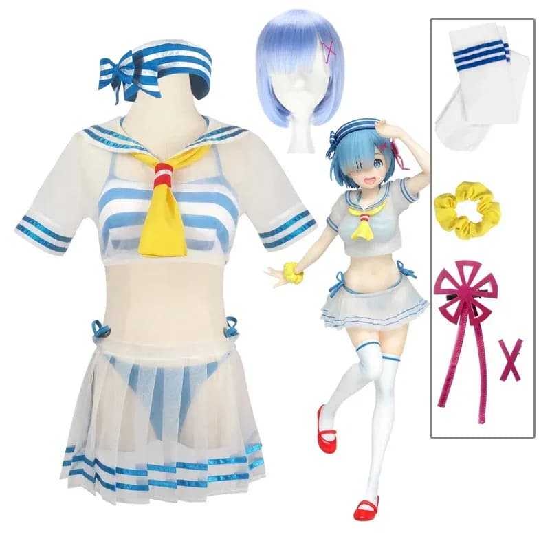 Illustrazione Re: Vita in un mondo diverso da Zero Rem Costume cosplay Parrucca da ragazza Abito da marinaio Costume da bagno carino Costumi con gonna superiore
