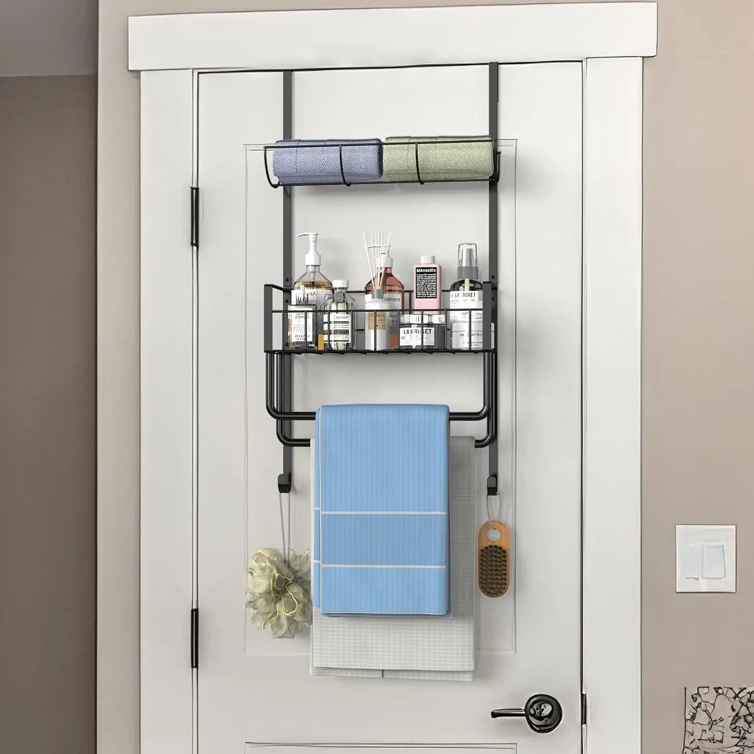 Portasciugamani da appendere alla porta per il bagno, portaasciugamani a 4 livelli con ganci e cestino, appendiasciugamani da porta.