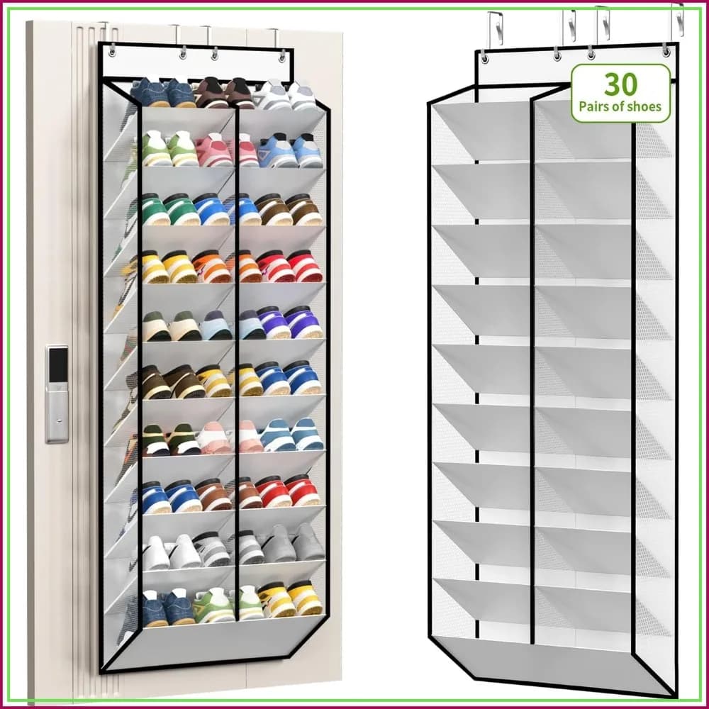 20-30 Pairs Over the Door Shoe Organizer, Mesh Hanging Shoe Rack with 20 Wide Deep Pockets, 10-Tier White Door Shoe Holder Fits Sneakers, Boots