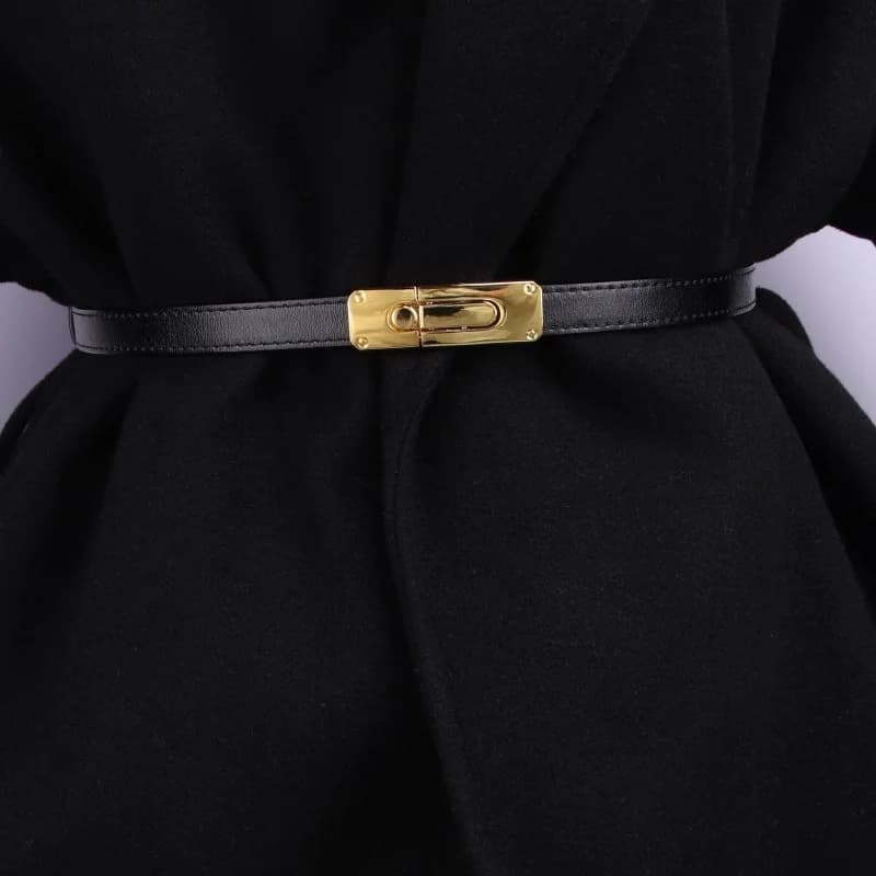 Fashion Genuine Leather Belts Adjustable Gold Buckle Belt Women Thin Cowskin Belts Female Jeans Dress Waistband Black Girdle