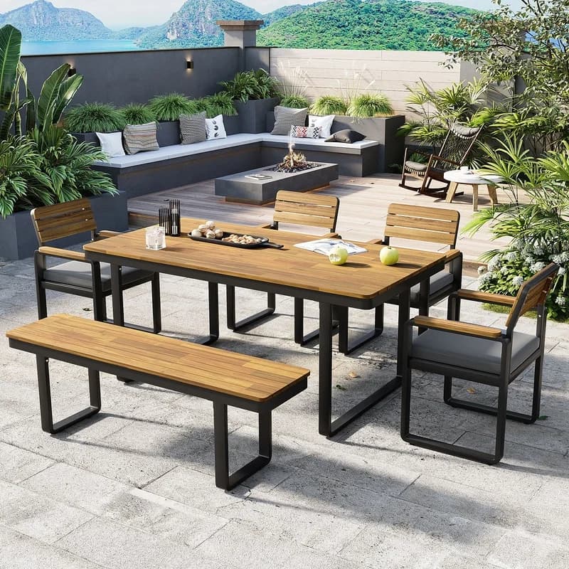 6-Piece Acacia Wood Outdoor Dining Set with Table, 4 Chairs, 1 Bench, Gray Cushions, Adjustable Feet, for Patio Garden Backyard, Seating 6-7 Persons