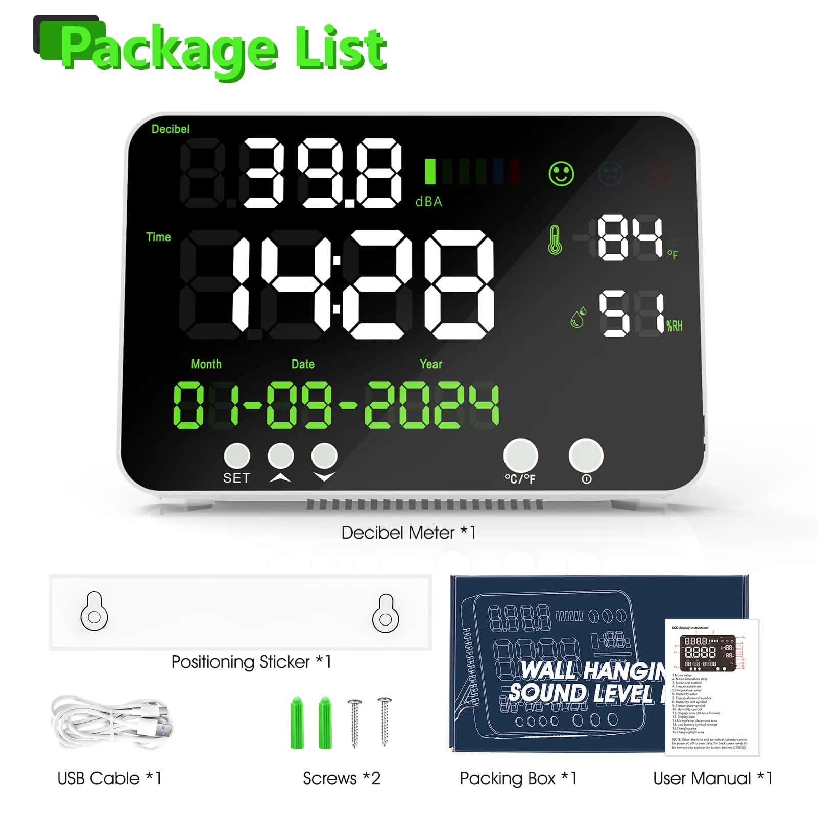 Digital decibel meter 4 in 1 wall mounted: Noise monitor and fonometer for classrooms, libraries, studies and factories