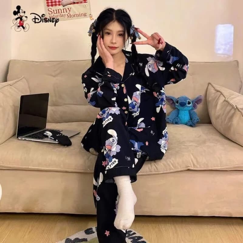Set Pigiama Anime con Maglia e Pantaloni Stitch, Maniche Lunghe Primavera-Autunno, Stampa Cartoon Dolce, Abbigliamento da Casa per Donne, Nuova Moda