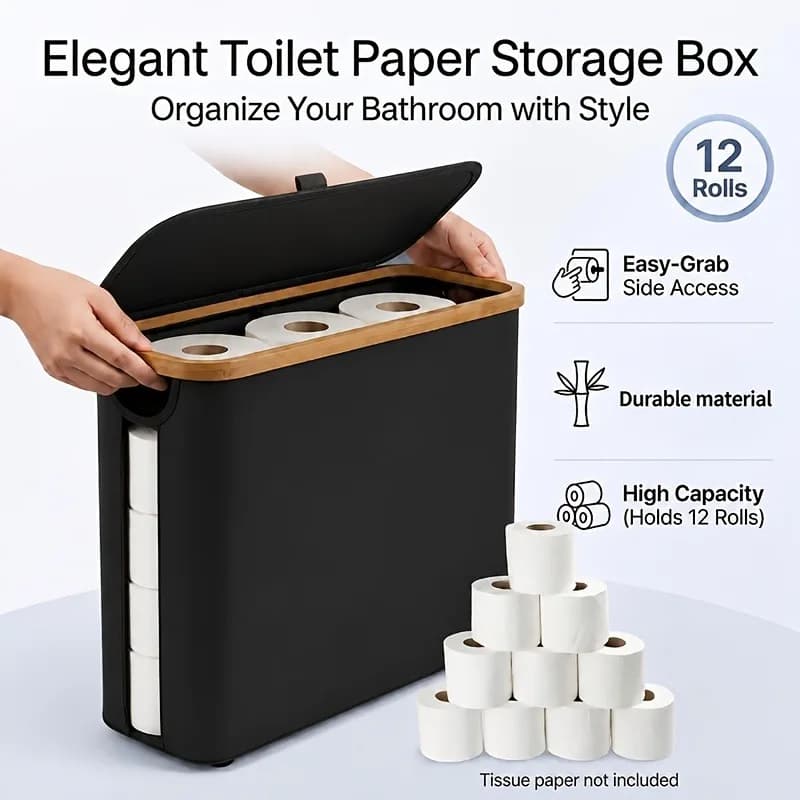 1 PCS of Bamboo Bathroom Non Slip Toilet Paper Holder for Storing Toiletries Towels Etc- Can Hold 9-12 Rolls of Toilet Paper