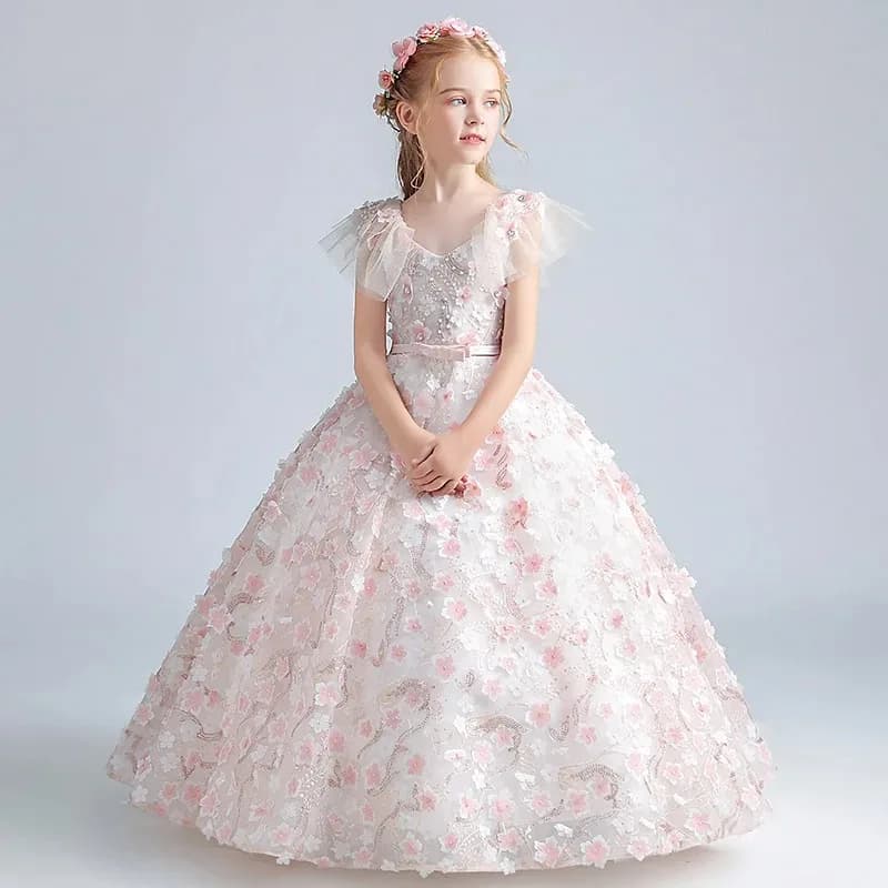 Abito da bambina personalizzato con fiori in rilievo, Abito da sposa per bambine, Abito da Prima Comunione per bambine, Abito da damigella d'onore per adolescenti con cintura