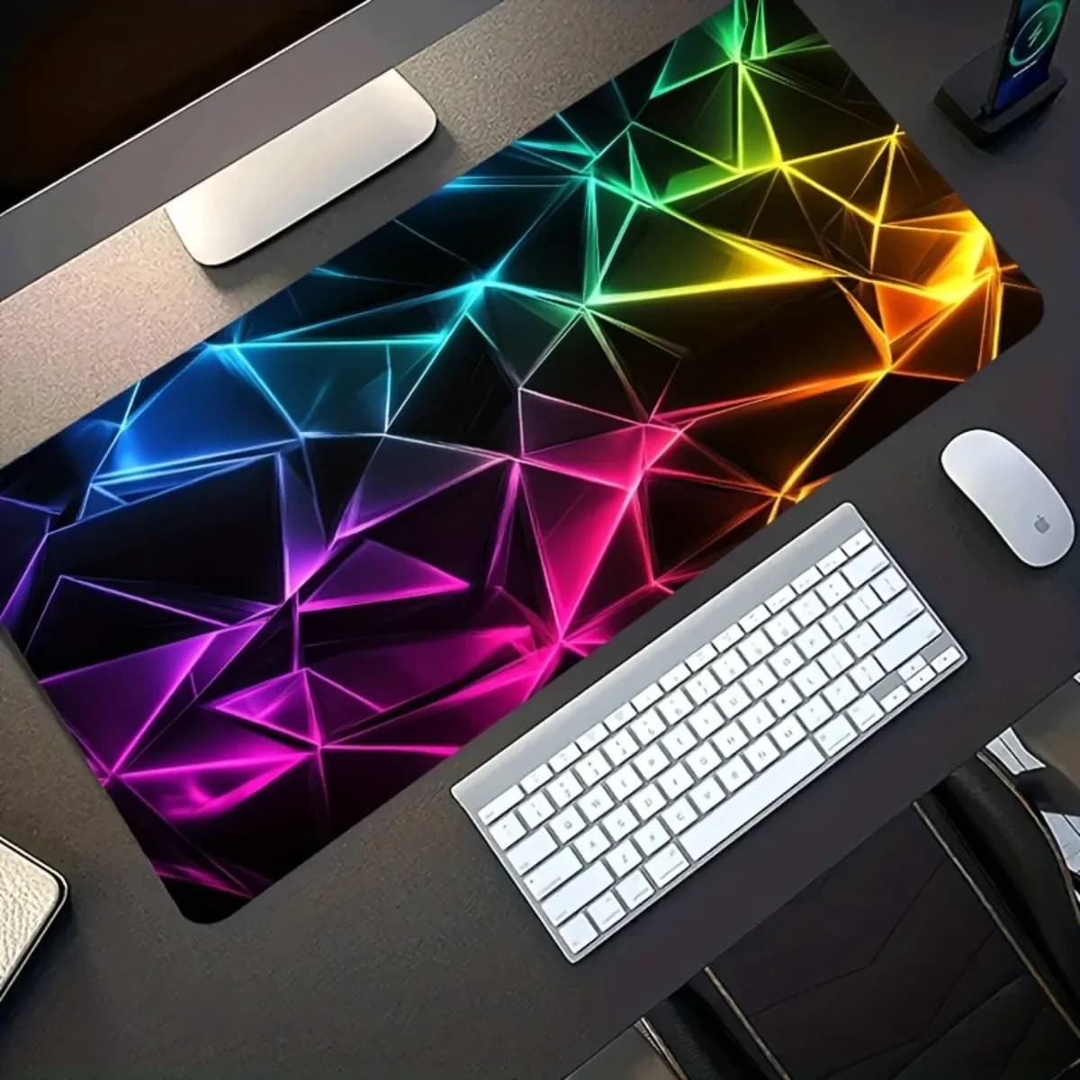 Vibrant Neon Geometric Gaming Mouse Pad Non-Slip Washable Rubber Base Stain Resistant Large Desk Mat for Office Decor and Gamers