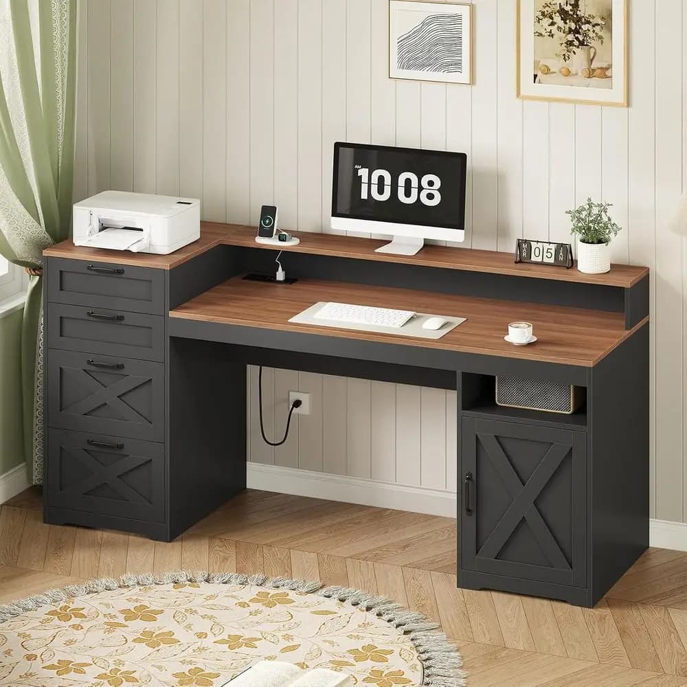 63" armhouse Computer Desk with 4 Ders or Home Oice, Bedroom | Executive Desk with Printer Shel, Monitor Stand, Home Oice Desks