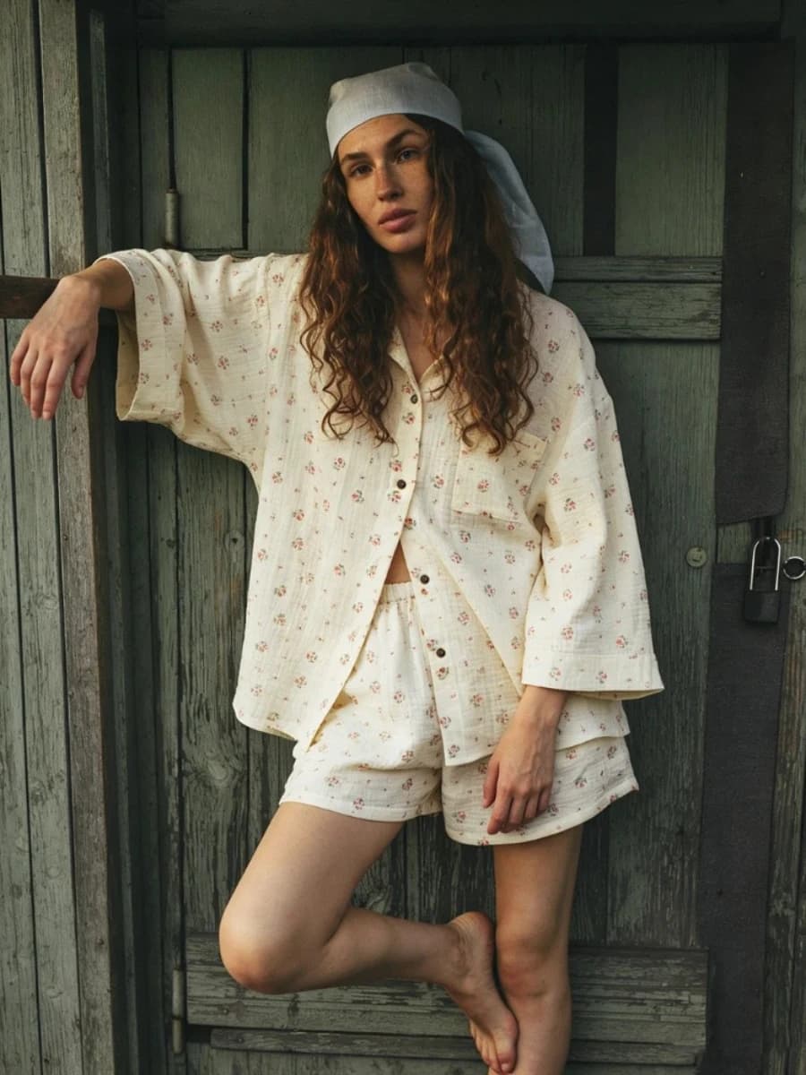 Completo Estivo da Donna Llinar con Pantaloncini in Cotone Muslin, Set Due Pezzi da Spiaggia, Completo Vintage Classico con Camicia e Pantaloncini per Donna