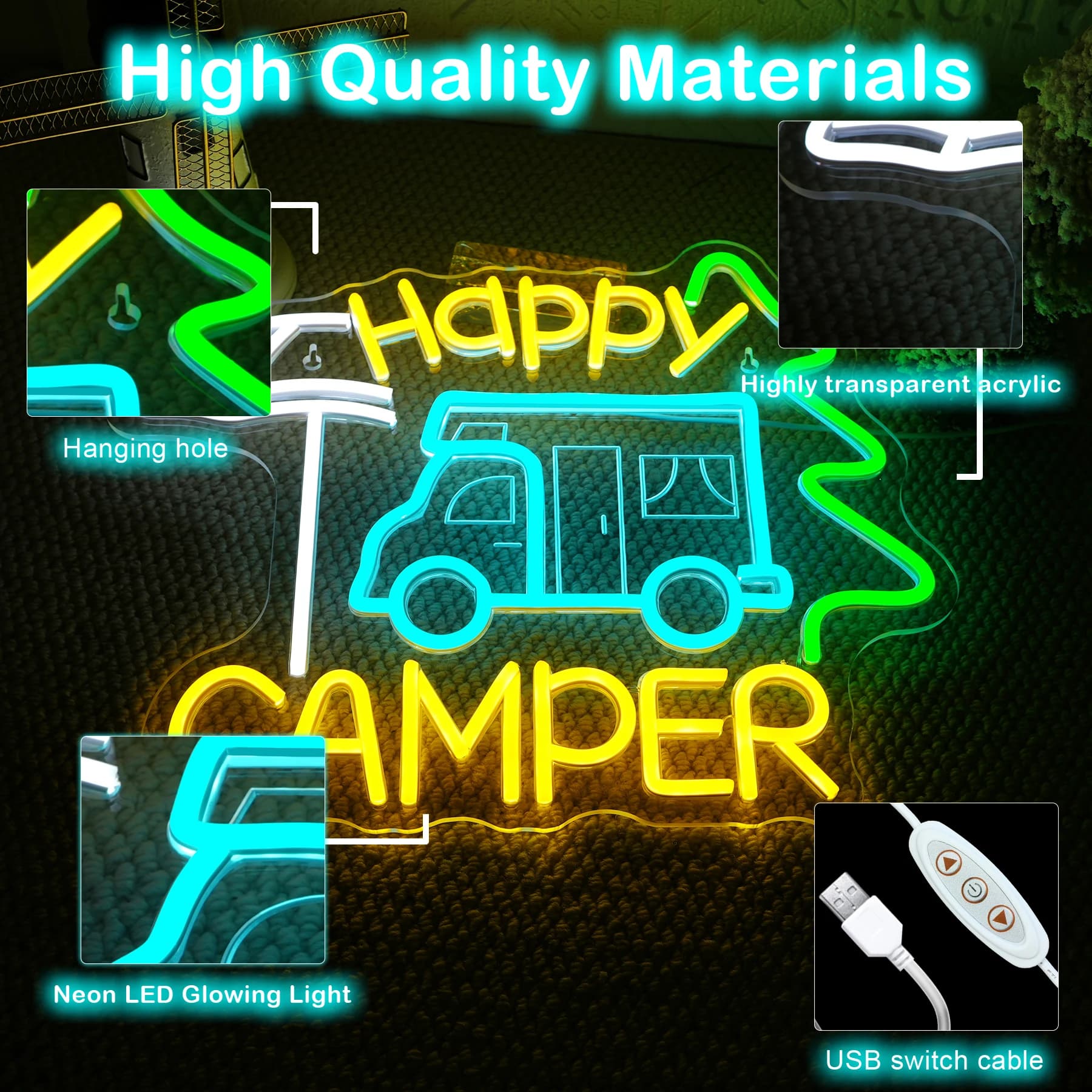Happy Camper Insegna al neon Dimmable Camping Light Up Sign per regali di auto da turismo Decorazioni da campeggio All'interno dello sfondo del camper