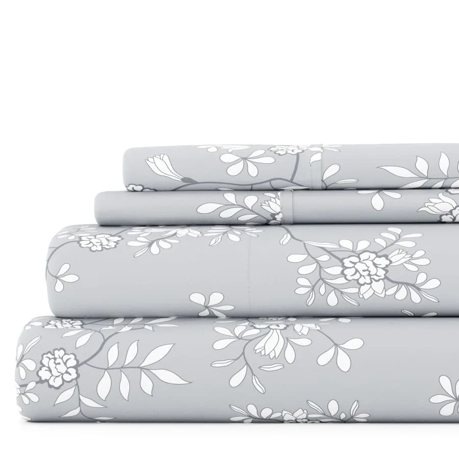 4 Piece Pattern Microfiber Bed Sheets Set Light Gray Trellis Vine Queen