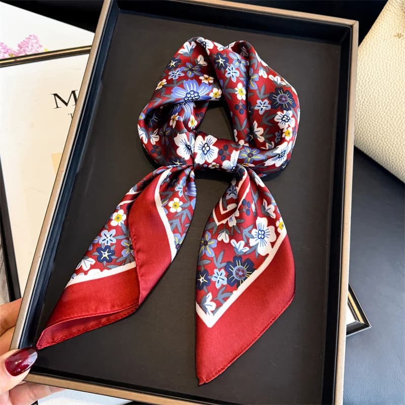 Silk square scarf with floral print, 70 cm, for hair, sun protective shawls for outdoors, design hijab