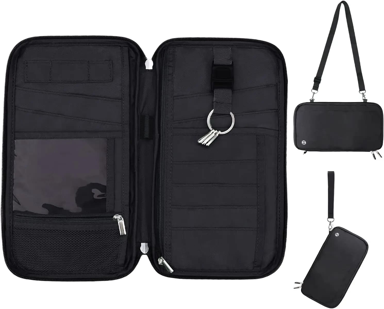 Porta Passaporto RFID con Slot per Tracker, Organizzatore di Documenti da Viaggio con Cinturino da Polso e Tracolla per Donne e Uomini