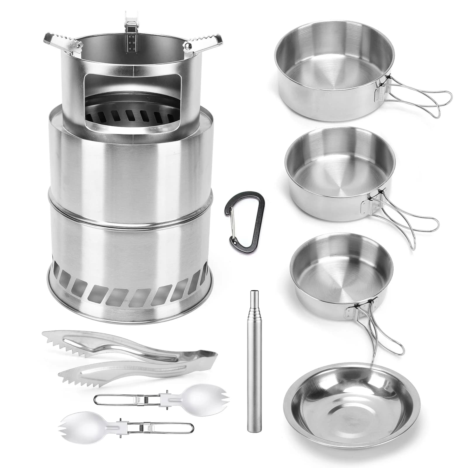 Set da Cucina Impilabile in Acciaio Inox per Campeggio, Dimensioni Compatte per Escursioni, Picnic, BBQ, Sopravvivenza all'Aperto